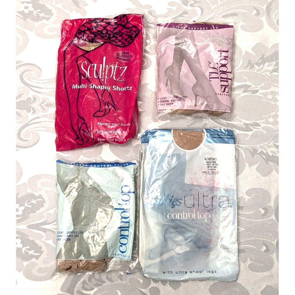 Silkies Y2K Vtg Hosiery Lot 4 NIB Queen Nude Control Top Pantyhose Shaper Shorts
